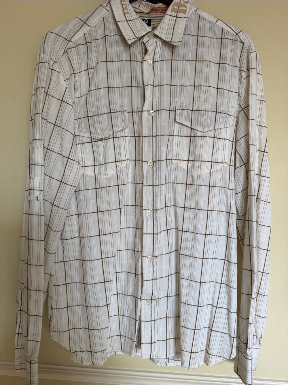 D&G Men's White Shirt with Brown Windowpane Grid
